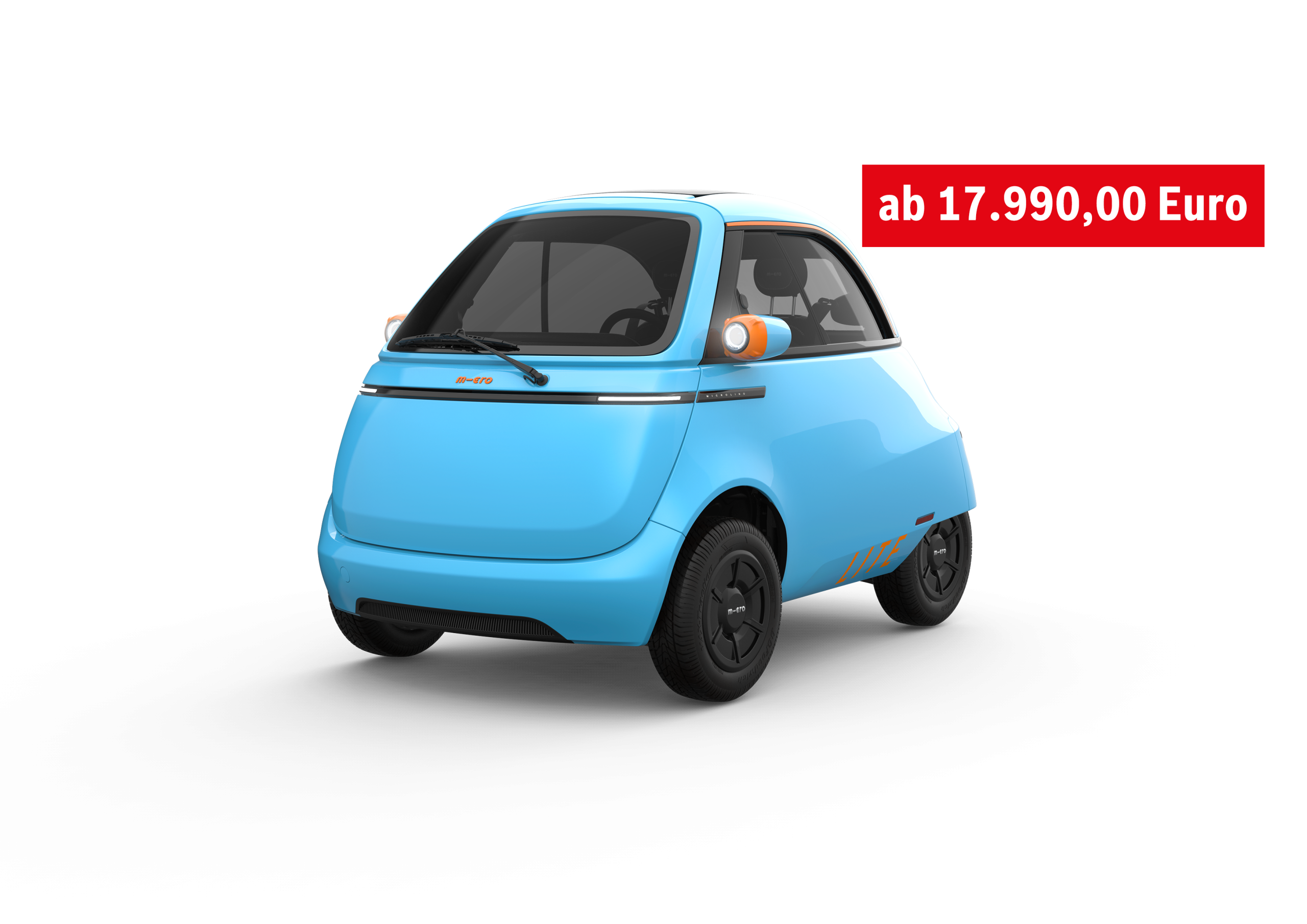 Microlino Lite in hellblau schräge Seitenansicht